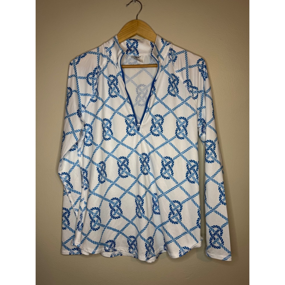 Jofit Womens Blue White Nautical Rope Print Quarter‎ Zip Golf Top Long Sleeve M
